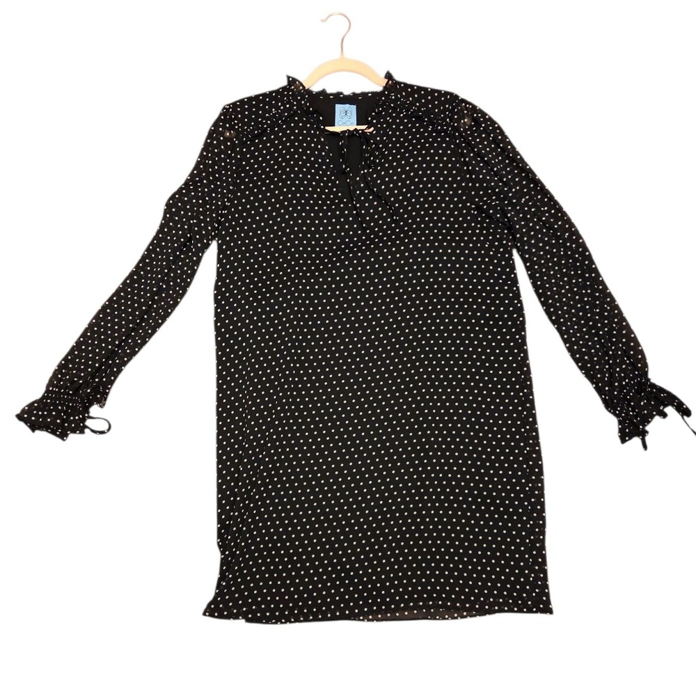 CeCe Women Black White Polka Dot Chiffon‎ Shift Dress Long Sleeve Ruffle Neck L